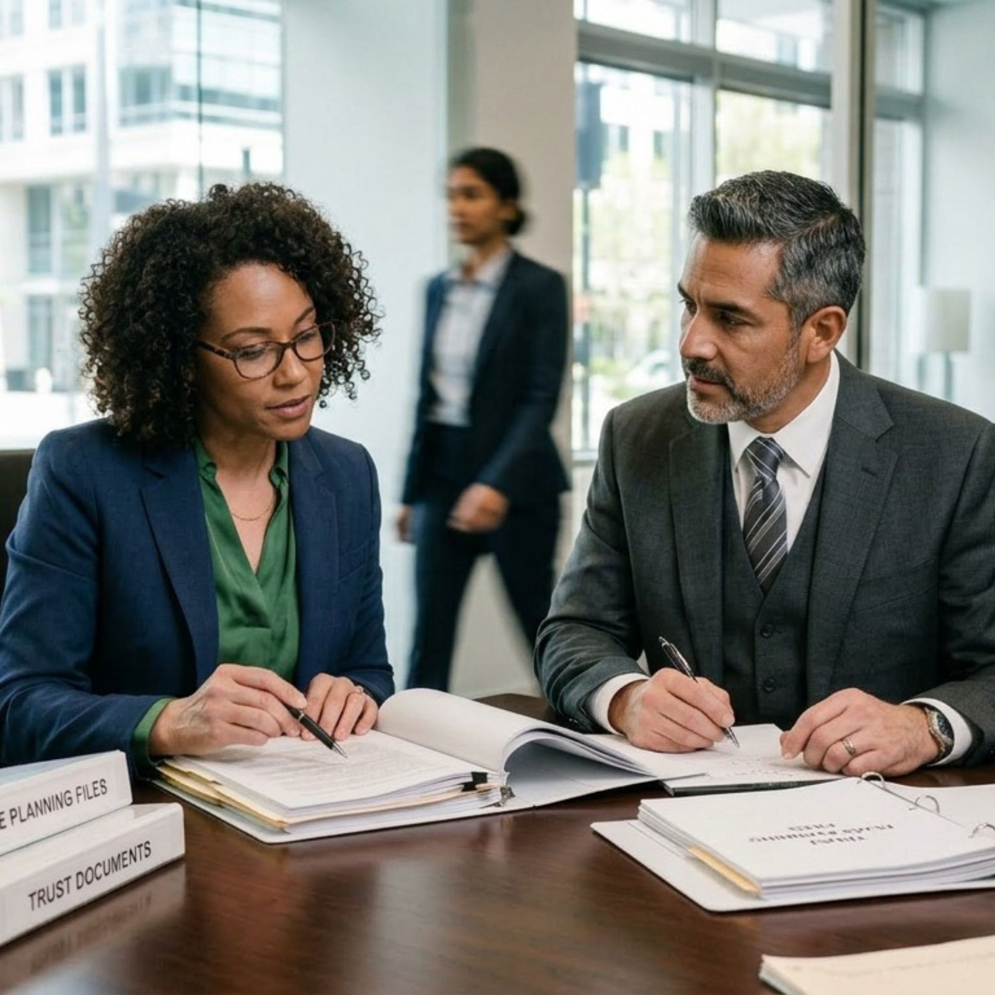A Georgia estate planning attorney working through trust documents with a colleague.