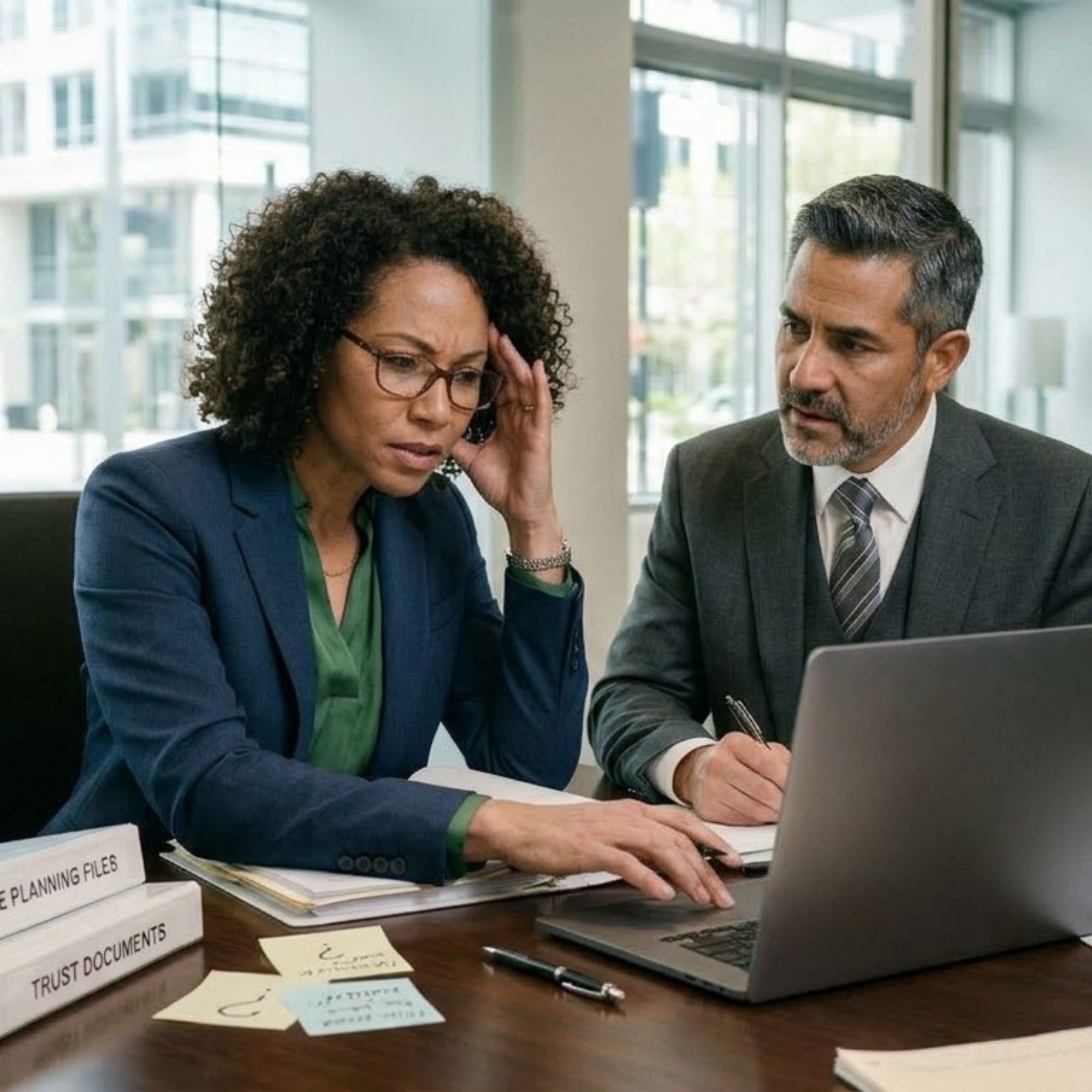 Two estate planning attorneys looking frustrated at a laptop, surrounded by sticky notes and binders.